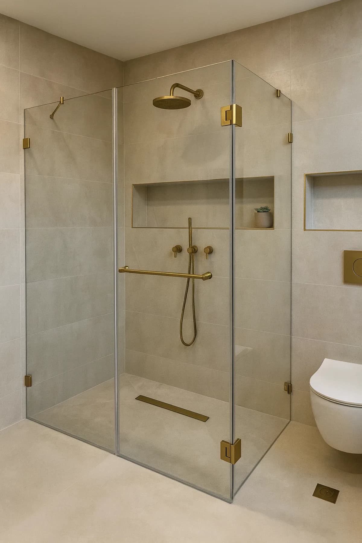 Glass shower enclosure with gold hinges